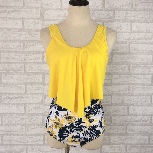 ♦️🆕Leaf Print Two Pieces Swimwear Yellow - Picture 3 of 5